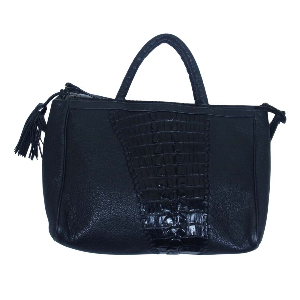 イビザ クロコ切替 レザー 2WAY ショルダー バッグ ブラック系【中古】