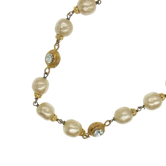 CHANEL シャネル ラインストーン フェイクパール ロング ネックレス ゴールド系【中古】