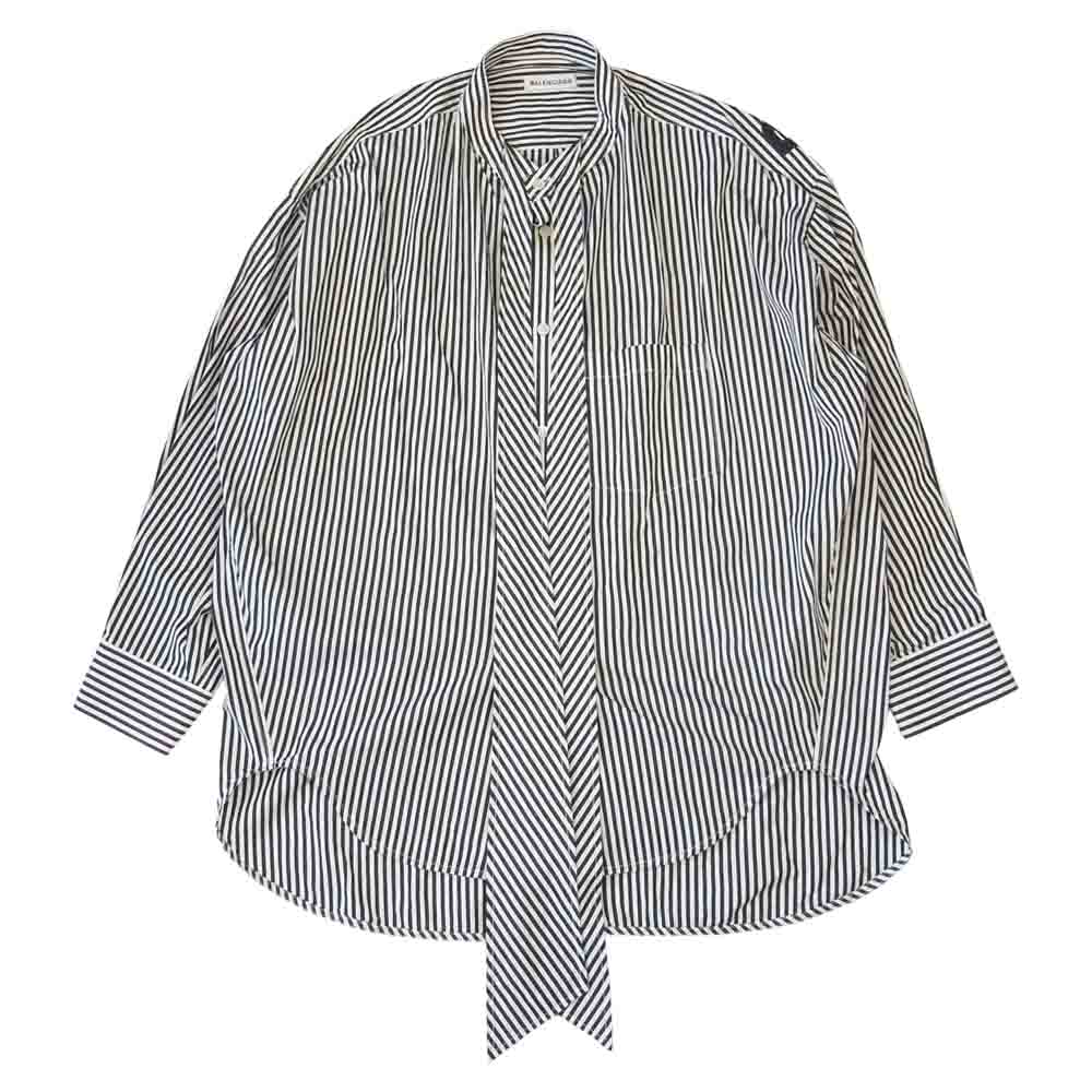 BALENCIAGA バレンシアガ バレンシアガジャパンタグ 520497 TDM09 バックロゴプリント ニュースイング ストライプ 長袖 シャツ ブラック系 ホワイト系 36【美品】【中古】