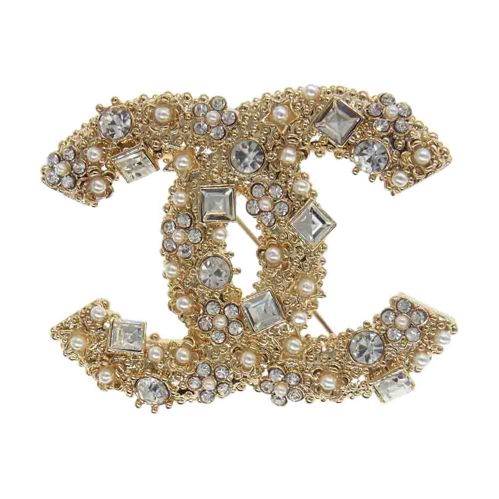 CHANEL シャネル 21A ビジュー フェイクパール ココマーク ブローチ ゴールド系【美品】【中古】