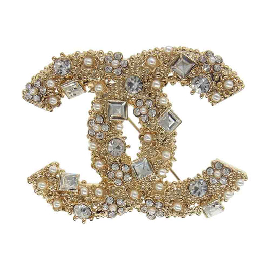 CHANEL シャネル 21A ビジュー フェイクパール ココマーク ブローチ ゴールド系【美品】【中古】