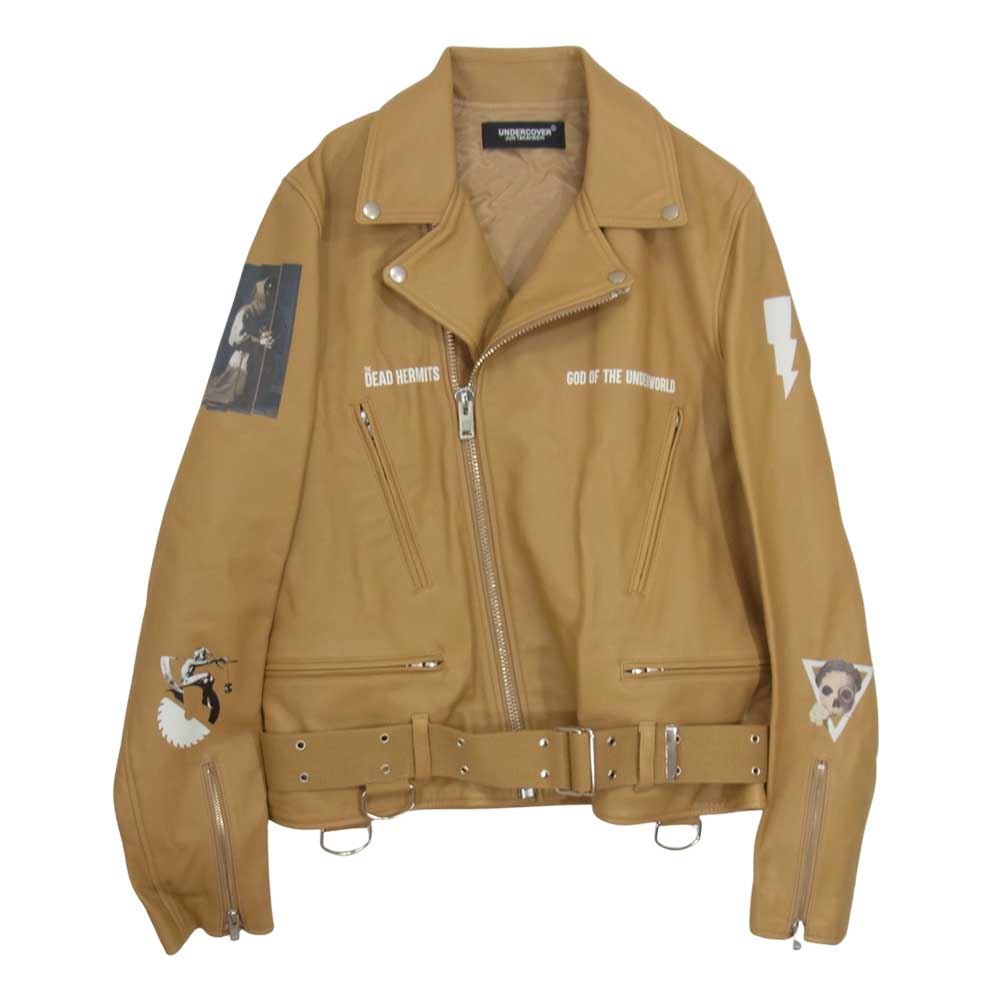 UNDERCOVER アンダーカバー 19SS UCW4207-1 D.HERMITS ラムレザー プリント ダブル ライダース ジャケット ブラウン系 4【美品】【中古】