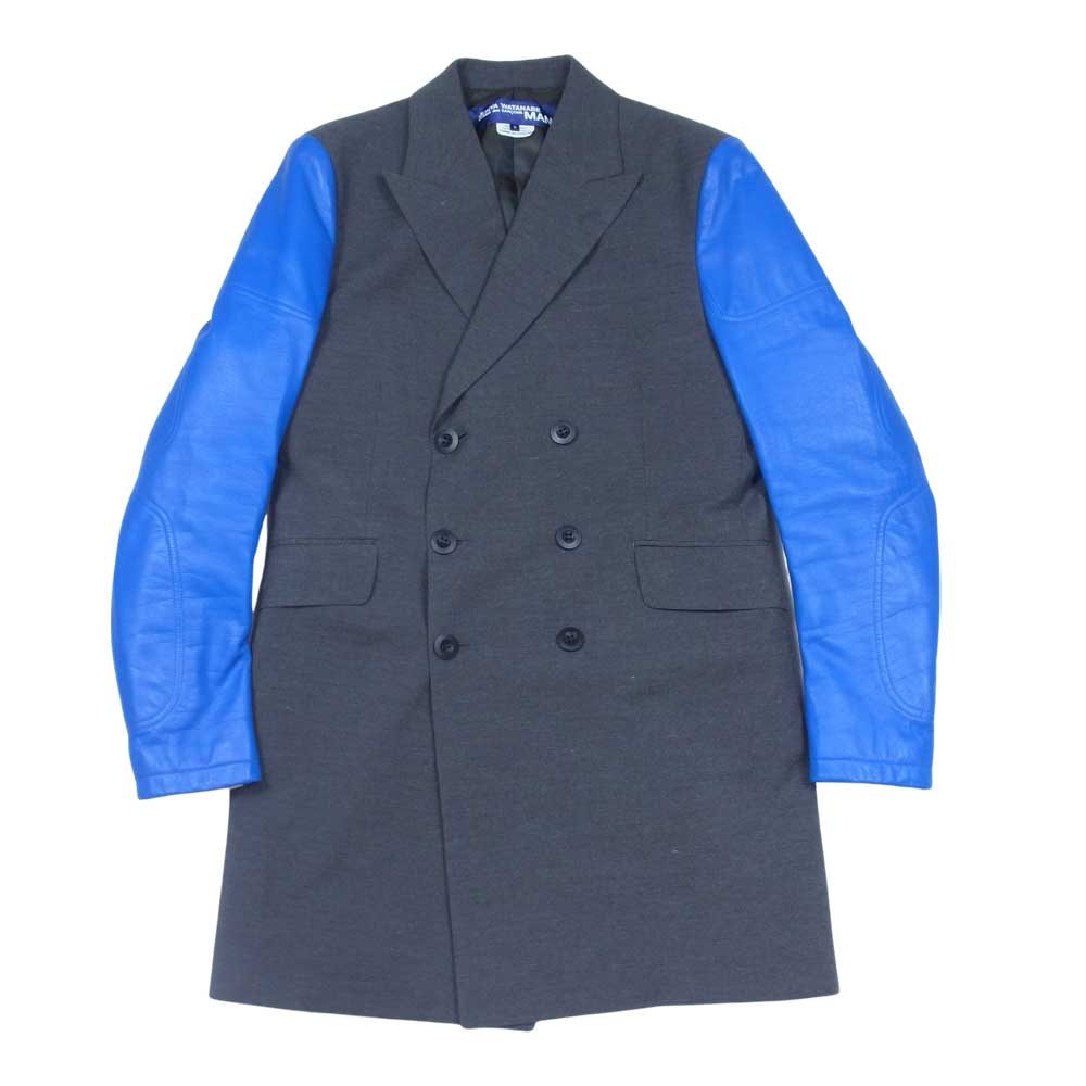 JUNYA WATANABE COMME des GARCONS MAN ジュンヤワタナベコムデギャルソンマン AD2019 WD-C003 袖カウレザー切替 ライダースドッキング ダブルブレスト コート グレー系 S【美品】【中古】