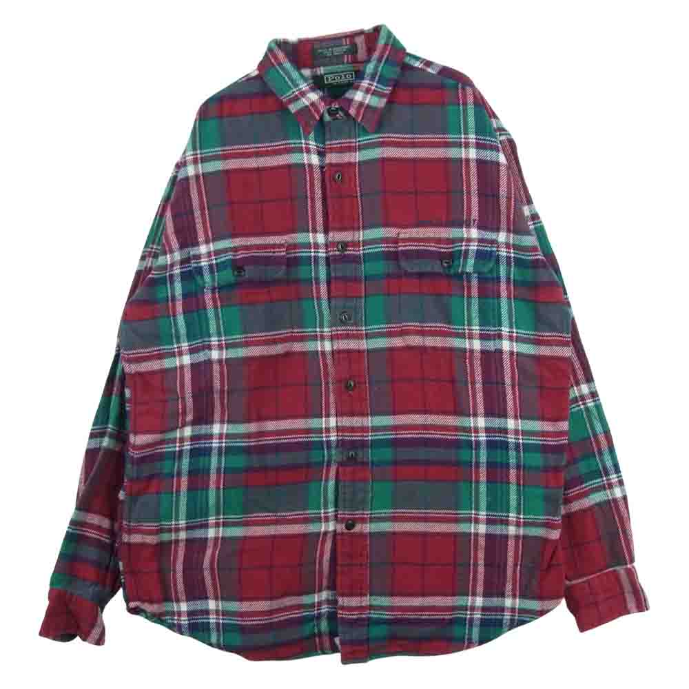 POLO RALPH LAUREN ポロ・ラルフローレン ヴィンテージ 80s 緑タグ POLOSPORT 胸刺繍 ネル チェック 長袖 シャツ レッド系 XL【中古】