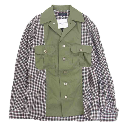 COMME des GARCONS コムデギャルソン HOMME オム 21AW HH-B021 ミリタリージャケット ドッキング 切替 チェック シャツ カーキ系 XS【新古品】【未使用】【中古】