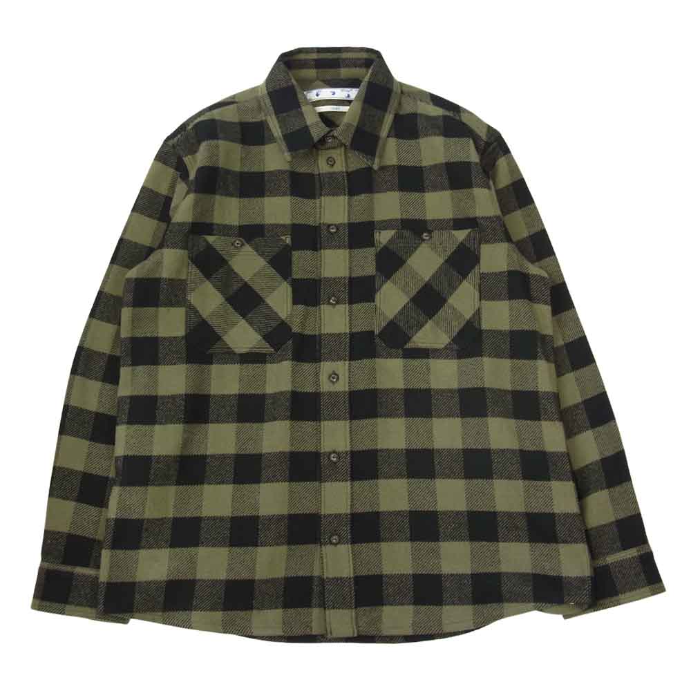 OFF-WHITE オフホワイト 国内正規品 イーストランドタグ 21AW OMGA133F21FAB001 Plaid flannel shirt バックアロー ブロックチェック フランネル シャツ ブラック系 カーキ系 XL【美品】【中古】