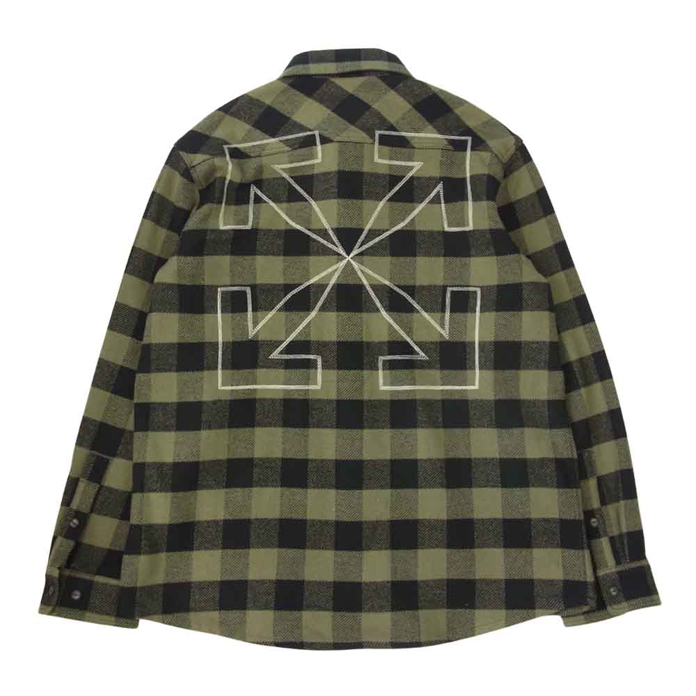 OFF-WHITE オフホワイト 国内正規品 イーストランドタグ 21AW OMGA133F21FAB001 Plaid flannel shirt バックアロー ブロックチェック フランネル シャツ ブラック系 カーキ系 XL【美品】【中古】