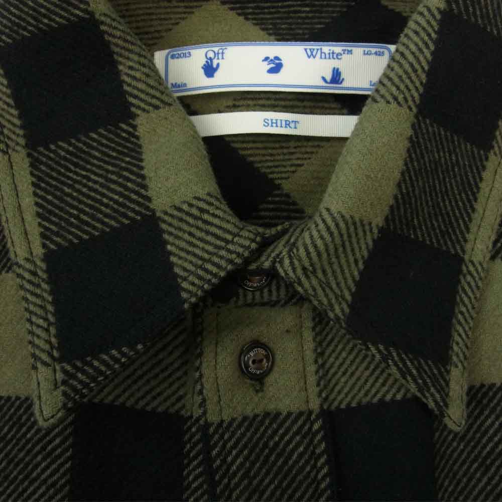 OFF-WHITE オフホワイト 国内正規品 イーストランドタグ 21AW OMGA133F21FAB001 Plaid flannel shirt バックアロー ブロックチェック フランネル シャツ ブラック系 カーキ系 XL【美品】【中古】
