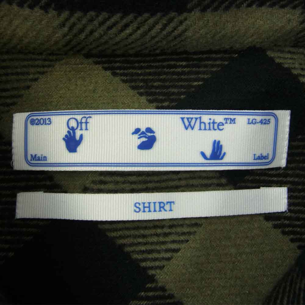 OFF-WHITE オフホワイト 国内正規品 イーストランドタグ 21AW OMGA133F21FAB001 Plaid flannel shirt バックアロー ブロックチェック フランネル シャツ ブラック系 カーキ系 XL【美品】【中古】