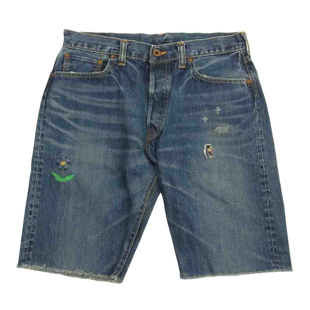 BRU NA BOINNE ブルーナボイン スマイル フラワー 刺繍 ダメージ ペイント 加工 デニム ハーフ パンツ ショーツ インディゴブルー系 1【中古】