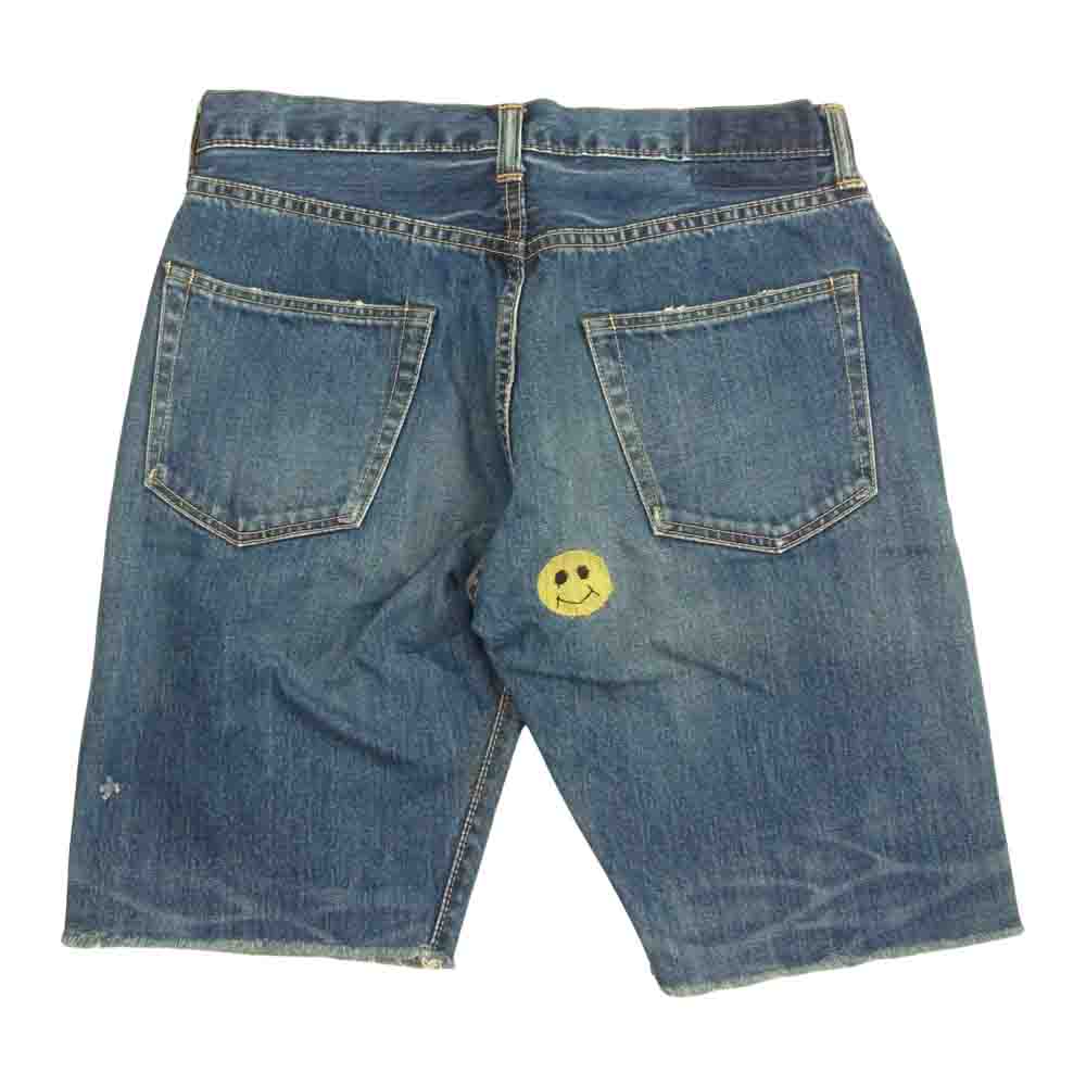 BRU NA BOINNE ブルーナボイン スマイル フラワー 刺繍 ダメージ ペイント 加工 デニム ハーフ パンツ ショーツ インディゴブルー系 1【中古】