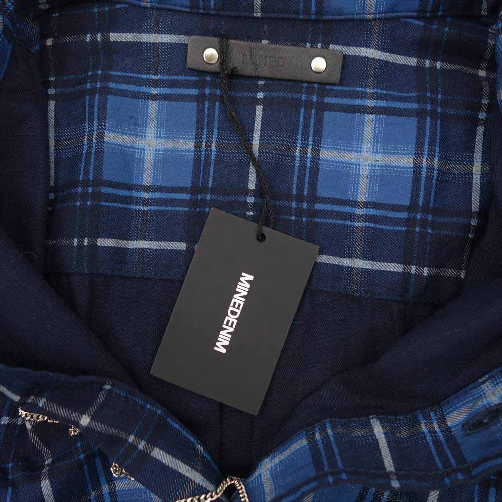 MINEDENIM マインデニム 2106-5002 Oldmans Check Denim Necklace S/S Work SH オールドミーンズ チェック ネックレス 半袖 ワークシャツ ブルー系 3【美品】【中古】