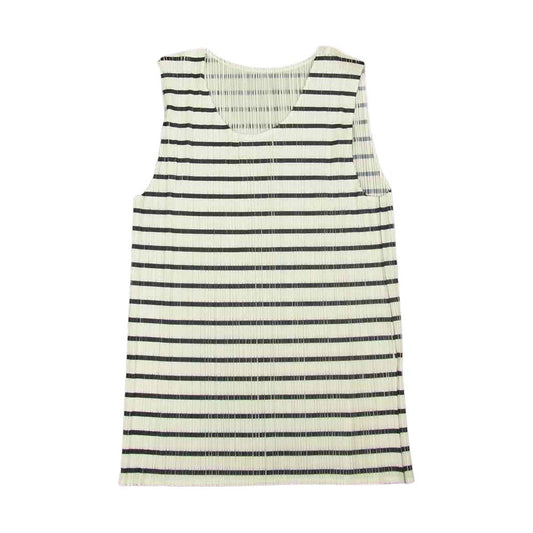 PLEATS PLEASE プリーツプリーズ イッセイミヤケ PP61-JK500 プリーツ加工 ボーダー ノースリーブ カットソー ホワイト系 F【中古】