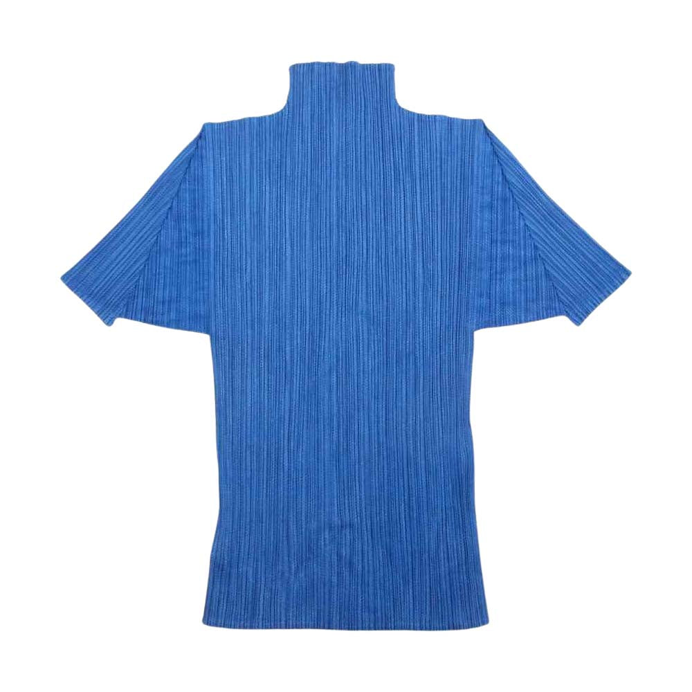 PLEATS PLEASE プリーツプリーズ イッセイミヤケ PP86-JK244 プリーツ加工 モックネック 半袖カットソー 綾織地柄 ブルー系 3【美品】【中古】