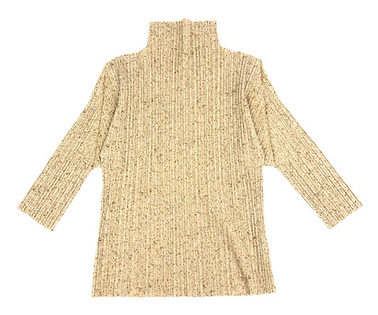 PLEATS PLEASE プリーツプリーズ イッセイミヤケ PP84-JK404 プリーツ加工 転写 総柄 ボトルネック 七分袖 カットソー ベージュ系 2【美品】【中古】