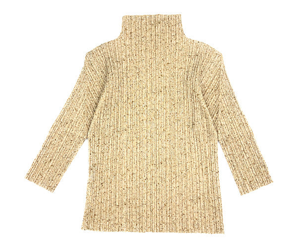 PLEATS PLEASE プリーツプリーズ イッセイミヤケ PP84-JK404 プリーツ加工 転写 総柄 ボトルネック 七分袖 カットソー ベージュ系 2【美品】【中古】