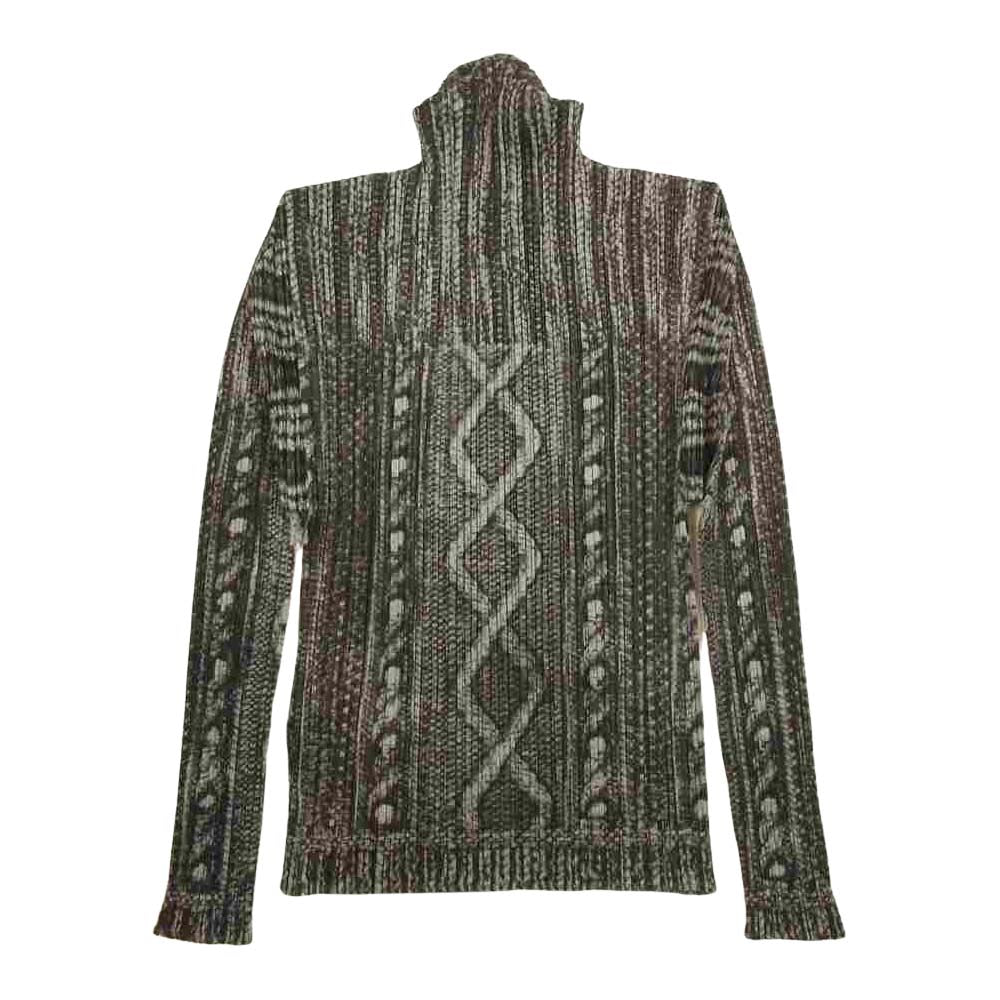 PLEATS PLEASE プリーツプリーズ イッセイミヤケ PP64-JE432 プリーツ加工 転写 ケーブル編み地柄 ハイネック カットソー グレー系 3【美品】【中古】