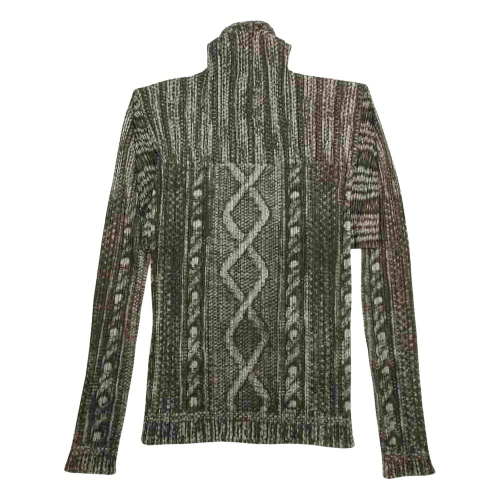 PLEATS PLEASE プリーツプリーズ イッセイミヤケ PP64-JE432 プリーツ加工 転写 ケーブル編み地柄 ハイネック カットソー グレー系 3【美品】【中古】