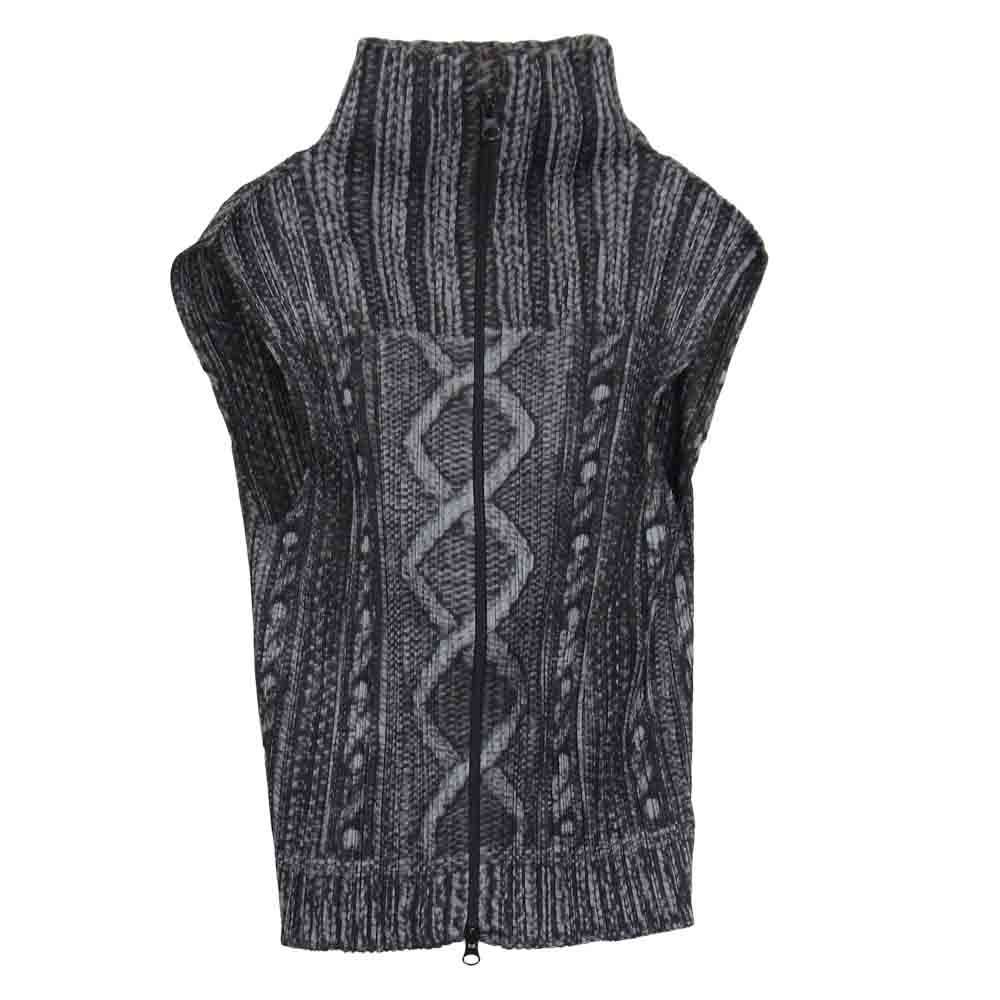 PLEATS PLEASE プリーツプリーズ イッセイミヤケ PP64-JE432 転写 ケーブル編み地柄 ハイネック ジップ ベスト グレー系 3【美品】【中古】