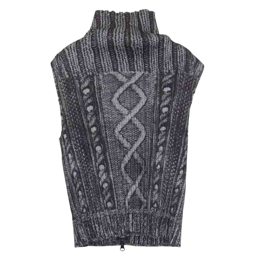 PLEATS PLEASE プリーツプリーズ イッセイミヤケ PP64-JE432 転写 ケーブル編み地柄 ハイネック ジップ ベスト グレー系 3【美品】【中古】