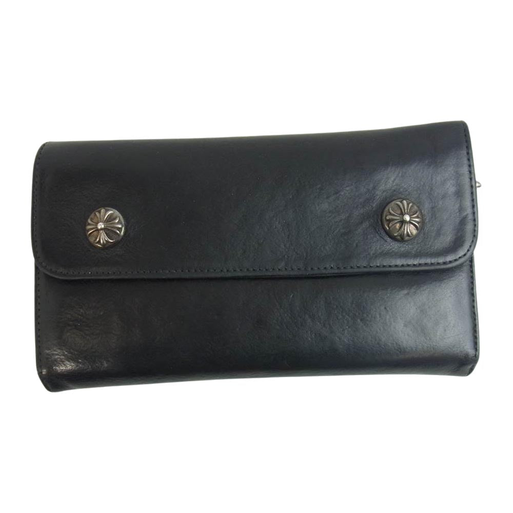 CHROME HEARTS クロムハーツ（原本無） WAVE WALLET ウェーブ クロス ボタン レザー ウォレット ブラック系【中古】
