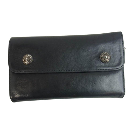 CHROME HEARTS クロムハーツ（原本無） WAVE WALLET ウェーブ クロス ボタン レザー ウォレット ブラック系【中古】