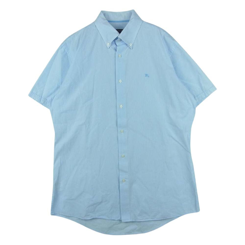 BURBERRY BLACK LABEL バーバリーブラックレーベル D1L15-126-24 ロゴ刺繍 S/S BD 半袖 ストライプ ボタンダウン シャツ ライトブルー系 42【中古】