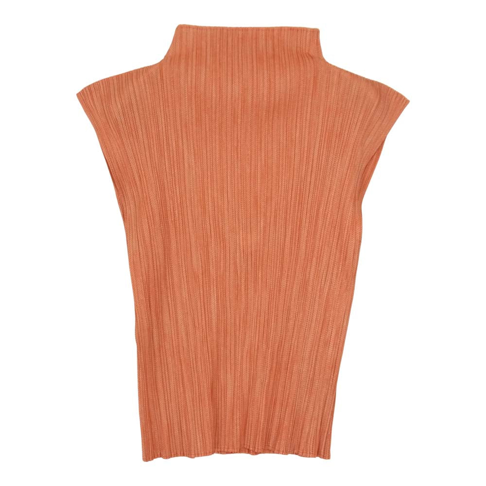 PLEATS PLEASE プリーツプリーズ イッセイミヤケ PP51-JK445 プリーツ加工 綾織地柄 サイドスリット ボトルネック フレンチスリーブ  オレンジ系 3【美品】【中古】
