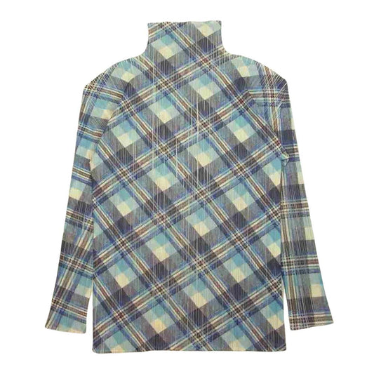 PLEATS PLEASE プリーツプリーズ イッセイミヤケ PP52-JK604 プリーツ加工 チェック ボトルネック 長袖 ブルー 3【美品】【中古】