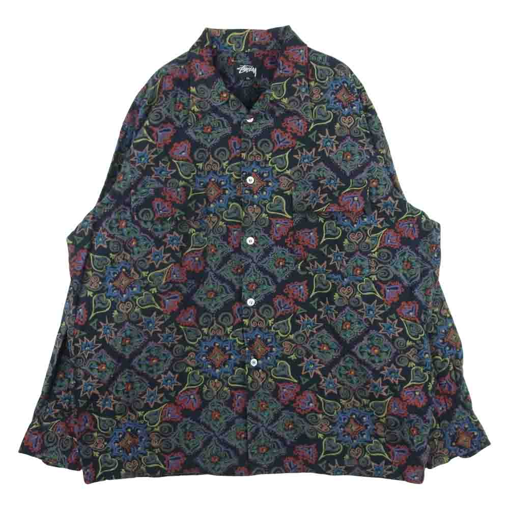 STUSSY ステューシー ヴィンテージ 80s 初期 長方形黒タグ USA製 ボタニカル 総柄 オープンカラー 長袖 シャツ ブラック系 マルチカラー系 XL【中古】