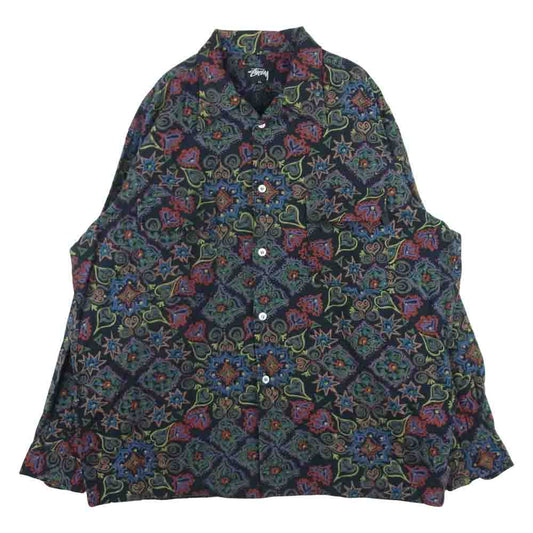 STUSSY ステューシー ヴィンテージ 80s 初期 長方形黒タグ USA製 ボタニカル 総柄 オープンカラー 長袖 シャツ ブラック系 マルチカラー系 XL【中古】
