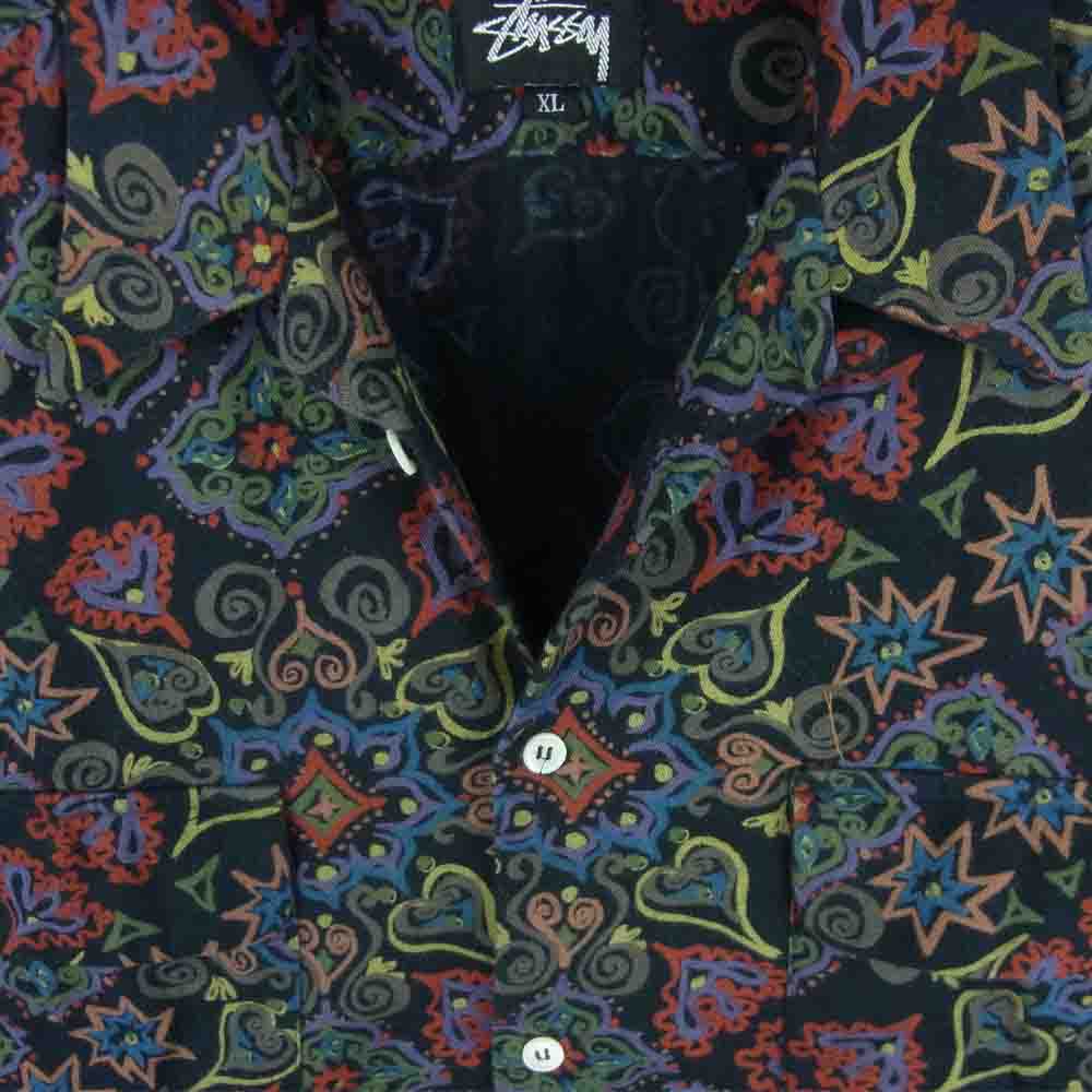 STUSSY ステューシー ヴィンテージ 80s 初期 長方形黒タグ USA製 ボタニカル 総柄 オープンカラー 長袖 シャツ ブラック系 マルチカラー系 XL【中古】