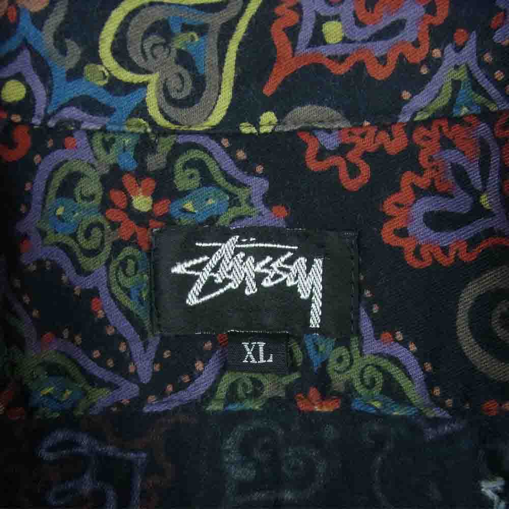 STUSSY ステューシー ヴィンテージ 80s 初期 長方形黒タグ USA製 ボタニカル 総柄 オープンカラー 長袖 シャツ ブラック系 マルチカラー系 XL【中古】