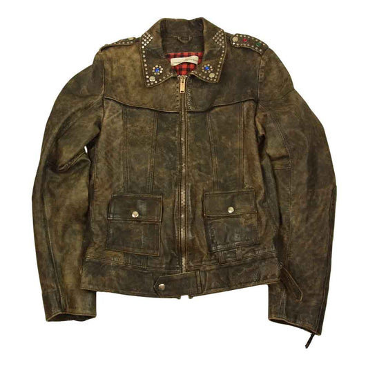 GOLDEN GOOSE ゴールデングース 909662 国内正規品 イタリア製 ヴィンテージ加工 シープレザー スタッズ ライダース ジャケット ブラック系 S【中古】
