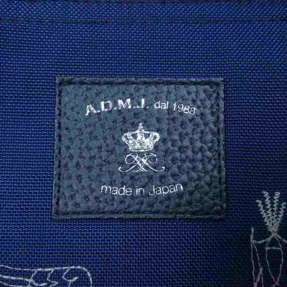 エーディエムジェイ LOVE&ENJOY ラブ エンジョイ 刺繍 レザー 切替 トート バッグ ネイビー系【美品】【中古】