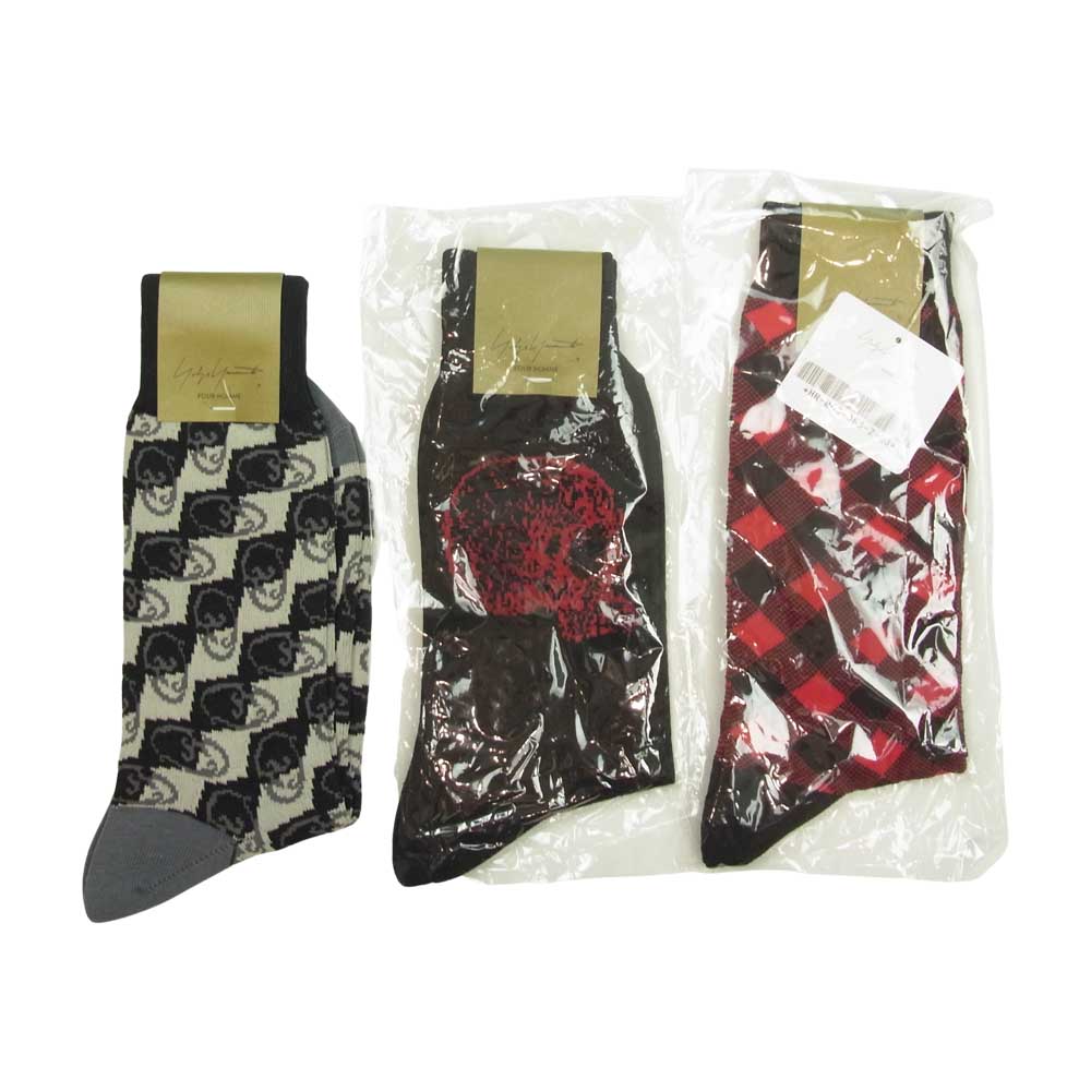 Yohji Yamamoto ヨウジヤマモト POUR HOMME プールオム スカル チェック柄 ロゴ ソックス 靴下 3足セット ブラック系【新古品】【未使用】【中古】
