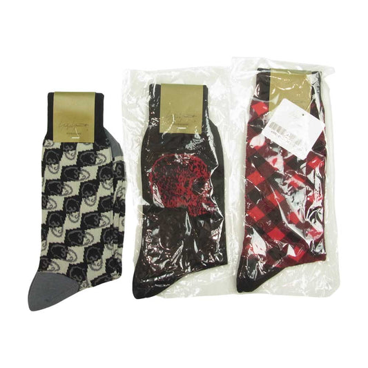Yohji Yamamoto ヨウジヤマモト POUR HOMME プールオム スカル チェック柄 ロゴ ソックス 靴下 3足セット ブラック系【新古品】【未使用】【中古】