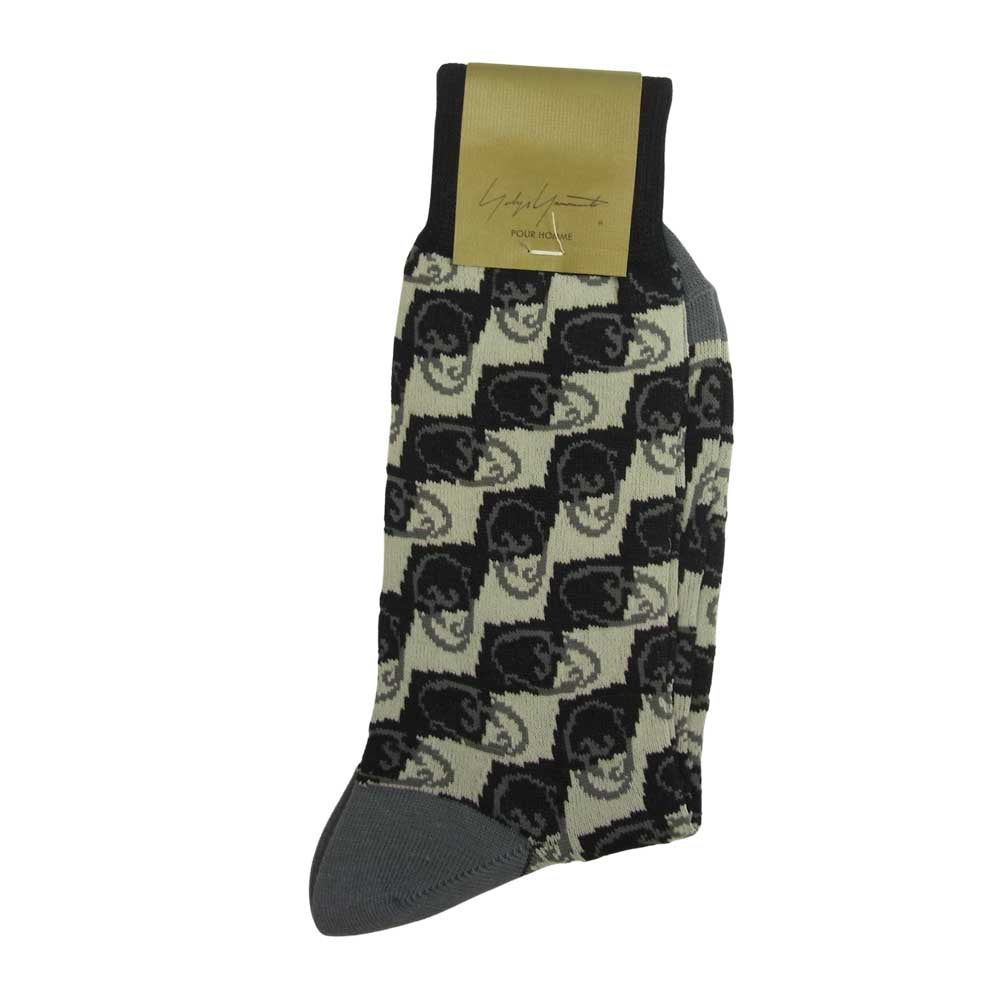 Yohji Yamamoto ヨウジヤマモト POUR HOMME プールオム スカル チェック柄 ロゴ ソックス 靴下 3足セット ブラック系【新古品】【未使用】【中古】