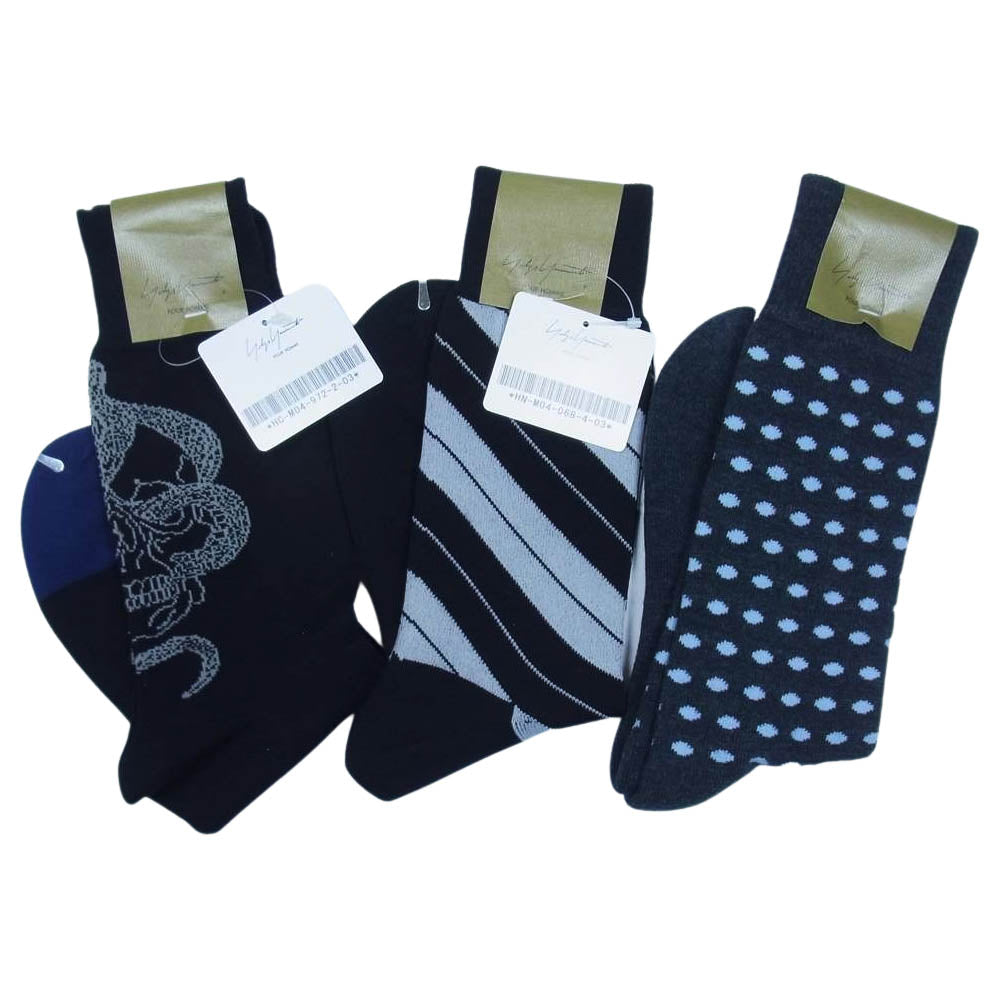 Yohji Yamamoto ヨウジヤマモト POUR HOMME プールオム スカル スネーク ドット柄 ロゴ ソックス 靴下 3足セット【新古品】【未使用】【中古】