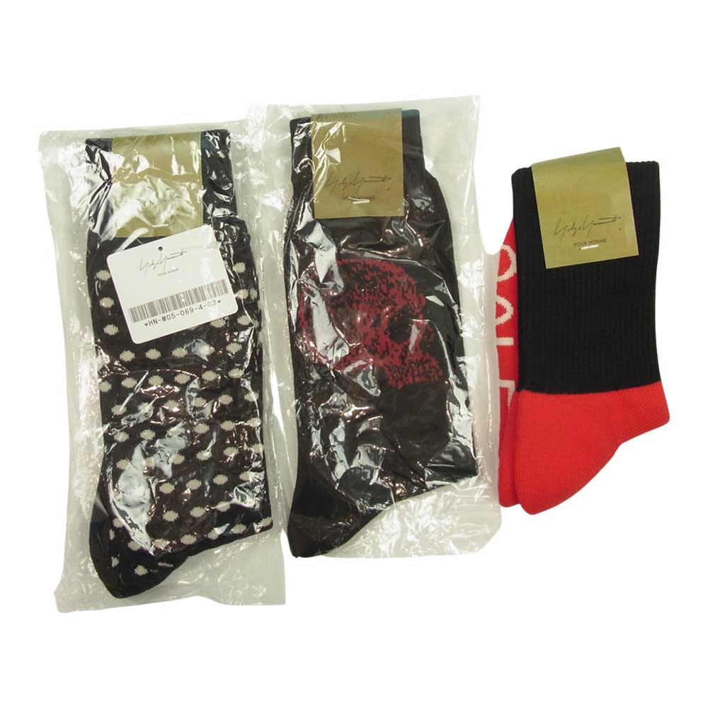 Yohji Yamamoto ヨウジヤマモト POUR HOMME プールオム スカル ドット柄 ロゴ ソックス 靴下 3足セット ブラック系【新古品】【未使用】【中古】