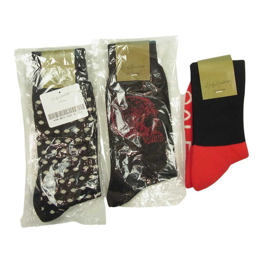 Yohji Yamamoto ヨウジヤマモト POUR HOMME プールオム スカル ドット柄 ロゴ ソックス 靴下 3足セット ブラック系【新古品】【未使用】【中古】