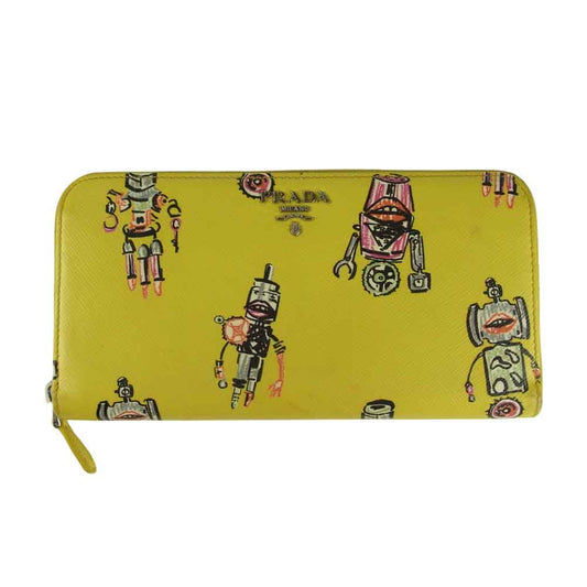 PRADA プラダ 1ML506 SAFFIANO ロボットプリント サフィアーノ レザー ラウンドファスナー 長財布 イエロー系【中古】