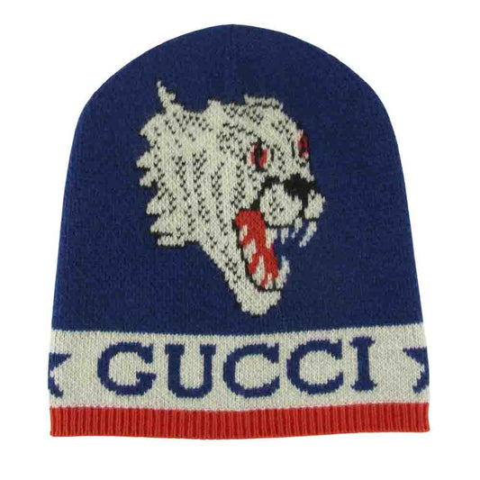GUCCI グッチ 547512 4G206 国内正規品 HAT ADERFULL タイガー ロゴ ビーニー ニットキャップ ブルー系 M【新古品】【未使用】【中古】