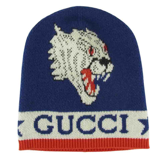 GUCCI グッチ 547512 4G206 国内正規品 HAT ADERFULL タイガー ロゴ ビーニー ニットキャップ ブルー系 M【新古品】【未使用】【中古】