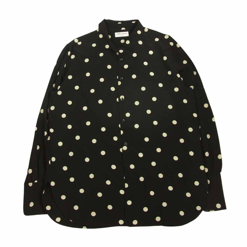 SAINT LAURENT サンローラン 642421 Y2C99 ケリングジャパン表記タグ ポルカドット ダブルカフス シルク100％ 長袖 シャツ ブラウス ブラック系 オフホワイト系 41【美品】【中古】