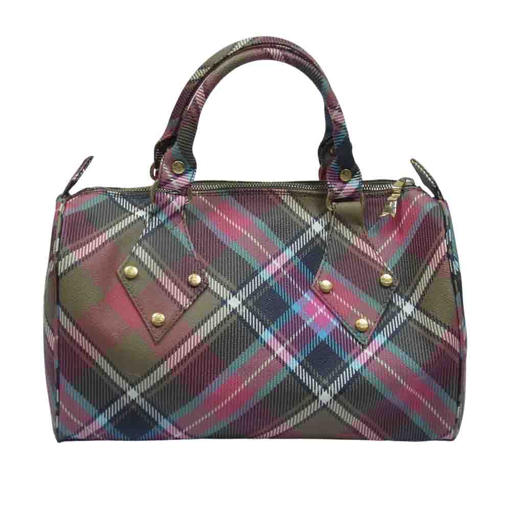 Vivienne Westwood ヴィヴィアンウエストウッド LONDON イタリア製 裏地オーブ柄 タータンチェック ミニボストン ハンドバッグ レッド系【中古】