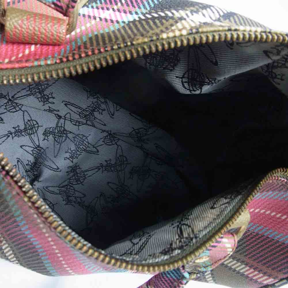 Vivienne Westwood ヴィヴィアンウエストウッド LONDON イタリア製 裏地オーブ柄 タータンチェック ミニボストン ハンドバッグ レッド系【中古】