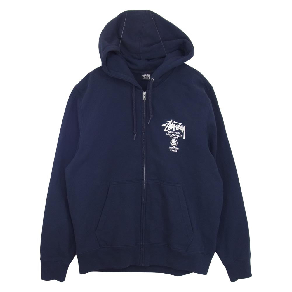 STUSSY ステューシー バックプリント ジップ パーカー ネイビー系 L【美品】【中古】