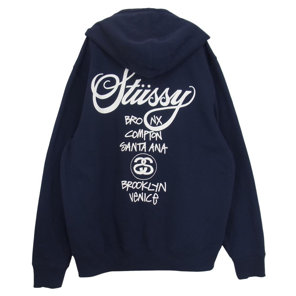 STUSSY ステューシー バックプリント ジップ パーカー ネイビー系 L【美品】【中古】