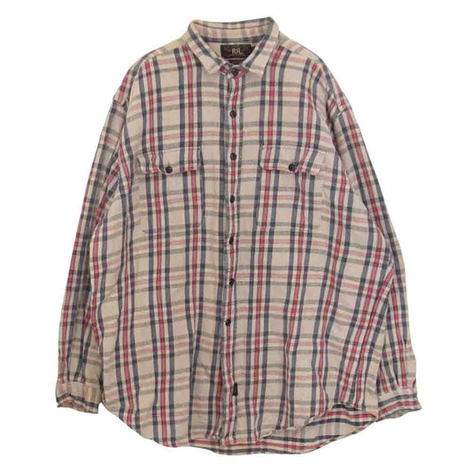 RRL ダブルアールエル 三ツ星黒タグ 2ポケット チェック 長袖 シャツ ホワイト ベージュ系 XL【中古】